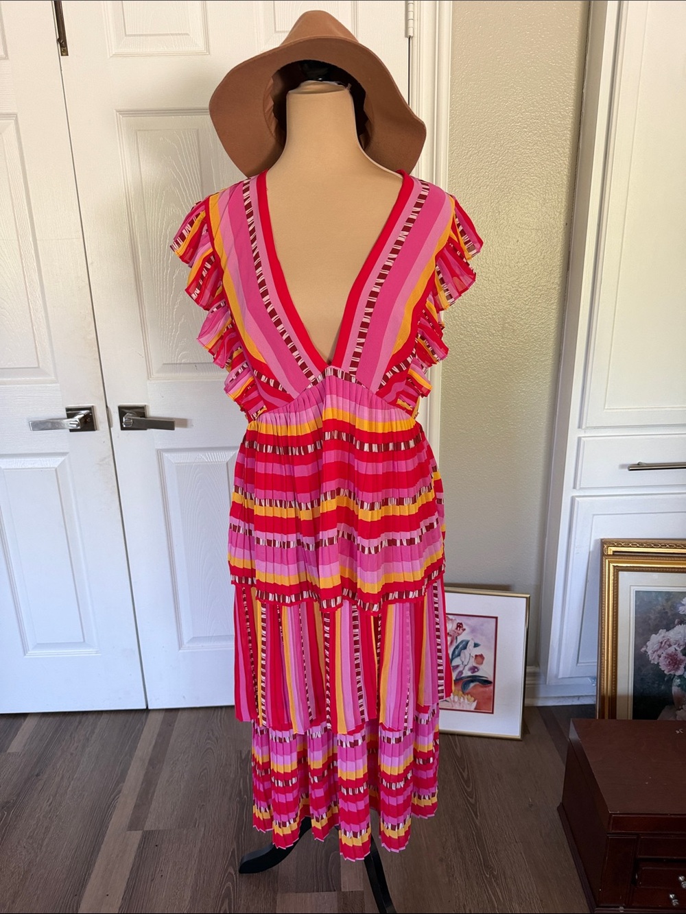 FARM Rio Pink & Yellow Multi-Stripe Ruffled Midi Dress